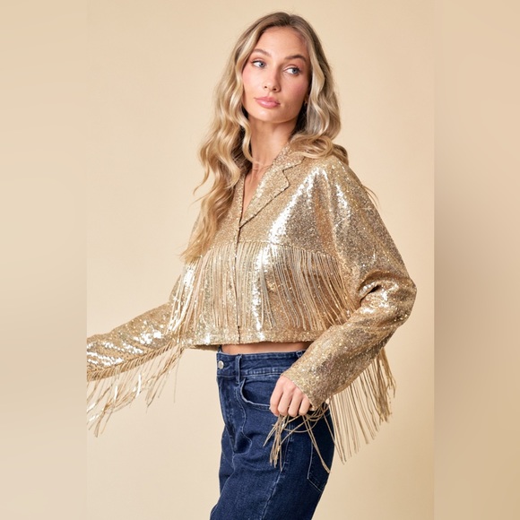 NWT!! GOLD CROPPED SEQUINS FRINGE FESTIVAL AND CONCERT JACKET - Picture 5 of 6